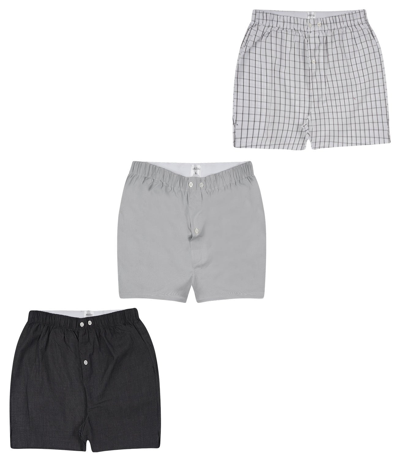 Men’s Boxer Set Dark & Light Grey Checks | Pack Of 3 – Mens Shorts on Brown Living™. SKU: ARZIKI012-DKGREY-LTGREY-CHECKS-M. Img 1.