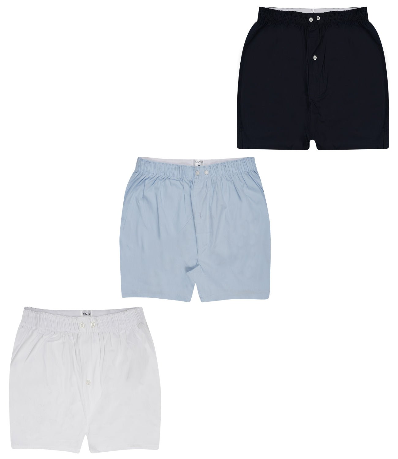 Men’s Boxer Set White Blue Navy | Pack Of 3 – Mens Shorts on Brown Living™. SKU: ARZIKI010-WHT-BLUE-NAVY-M. Img 1.