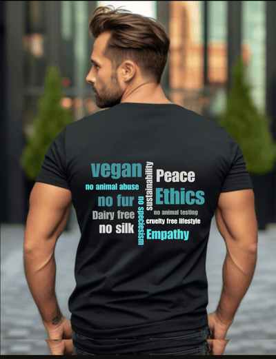 Men’s Cotton T-Shirt | Regular Fit Vegan Graphic Tee – Mens T-Shirt on Brown Living™. SKU: vegan-ethics-1-Black-S. Img 1.
