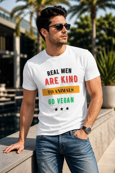 Men’s Cotton T-Shirt | Relaxed Fit Graphic Tee – Mens T-Shirt on Brown Living™. SKU: real-men-White-S. Img 1.