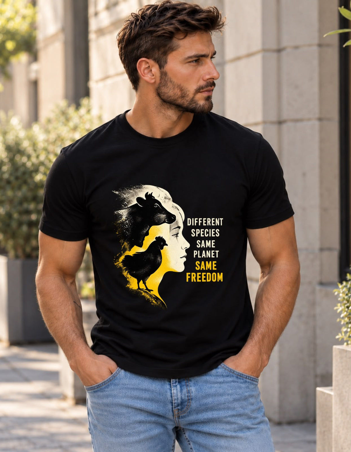 Men's Cotton T-Shirt with Animal Freedom Graphic – Mens T-Shirt on Brown Living™. SKU: sameFreedomBlackMSWS. Img 1.