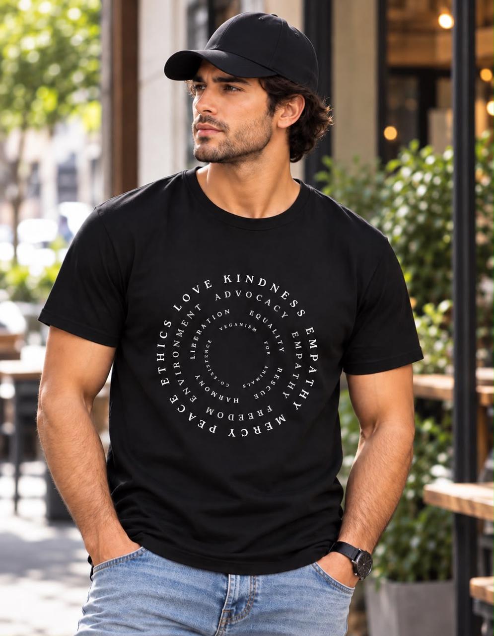 Men's Cotton T-Shirt with Vegan Circle Graphic – Mens T-Shirt on Brown Living™. SKU: ethicsCircleBlackMSWS. Img 1.