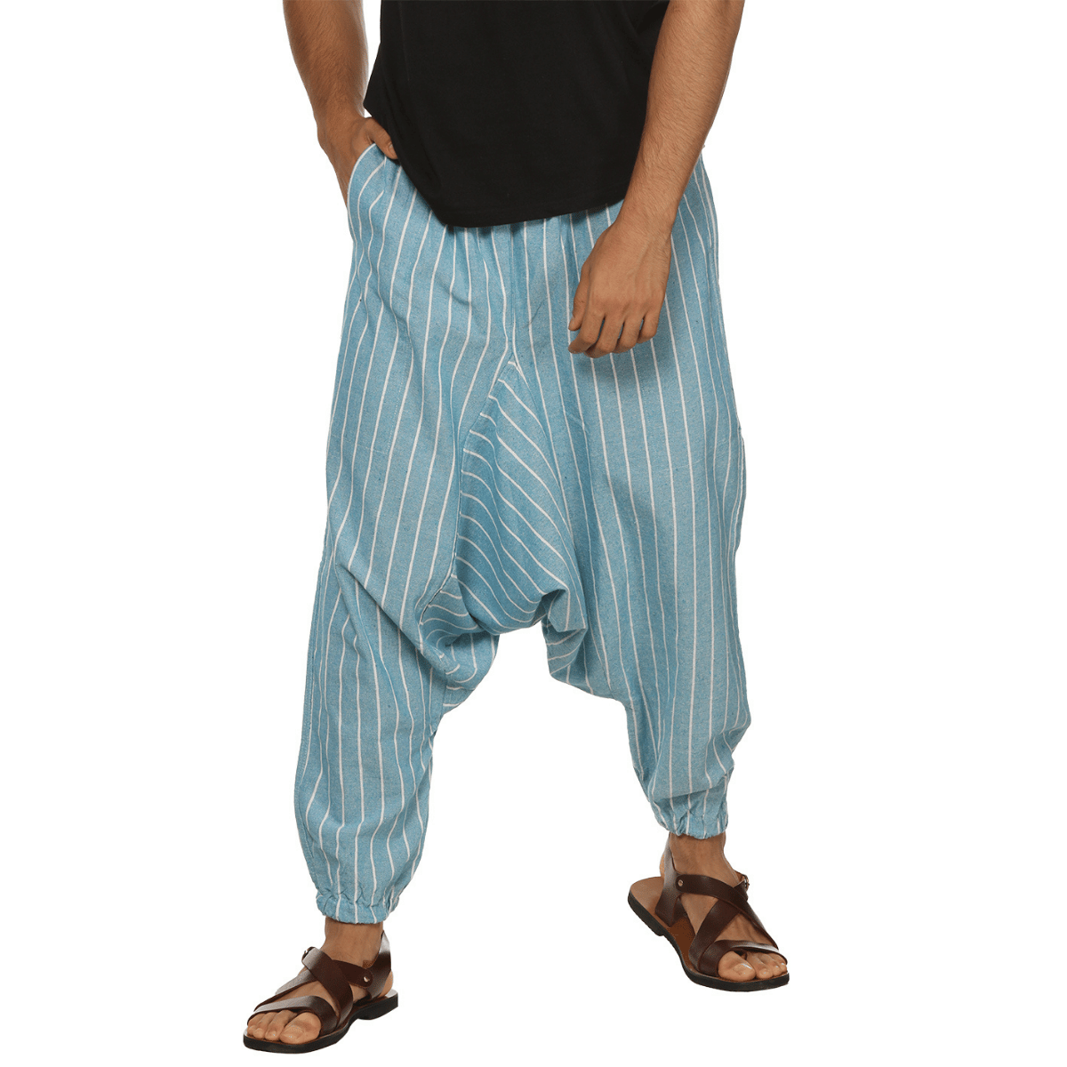 Men's Harem Pant | Blue Stripes | Fits Waist Size 28" to 36" – Mens Pyjama by Hope - House of Pure Eco available on Brown Living™. . SKU: AT01026. Img 1.