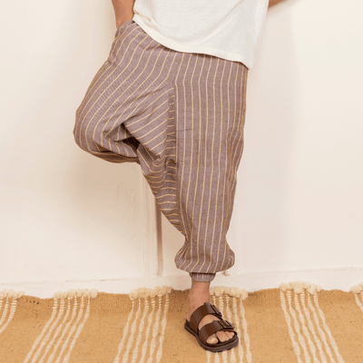 Men's Harem Pant | Brown Stripes | Fits Waist Size 28" to 36" – Mens Pyjama on Brown Living™. SKU: AT01029. Img 1.