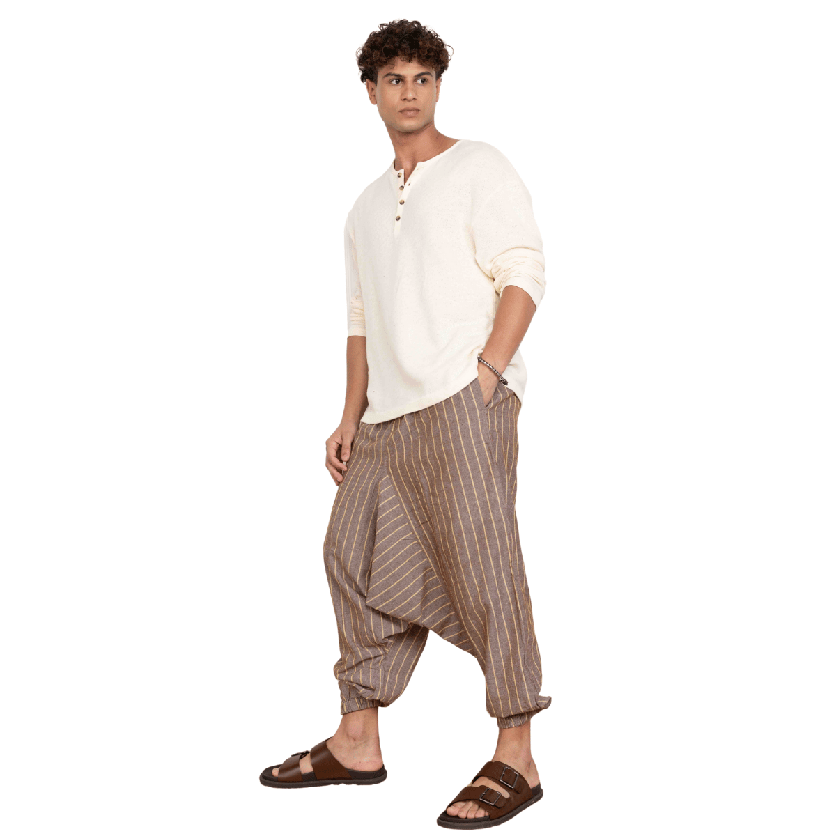 Men's Harem Pant | Brown Stripes | Fits Waist Size 28" to 36" – Mens Pyjama on Brown Living™. SKU: AT01029. Img 6.