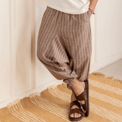 Men's Harem Pant | Brown Stripes | Fits Waist Size 28" to 36" – Mens Pyjama on Brown Living™. SKU: AT01029. Img 2.
