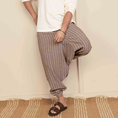 Men's Harem Pant | Brown Stripes | Fits Waist Size 28" to 36" – Mens Pyjama on Brown Living™. SKU: AT01029. Img 7.