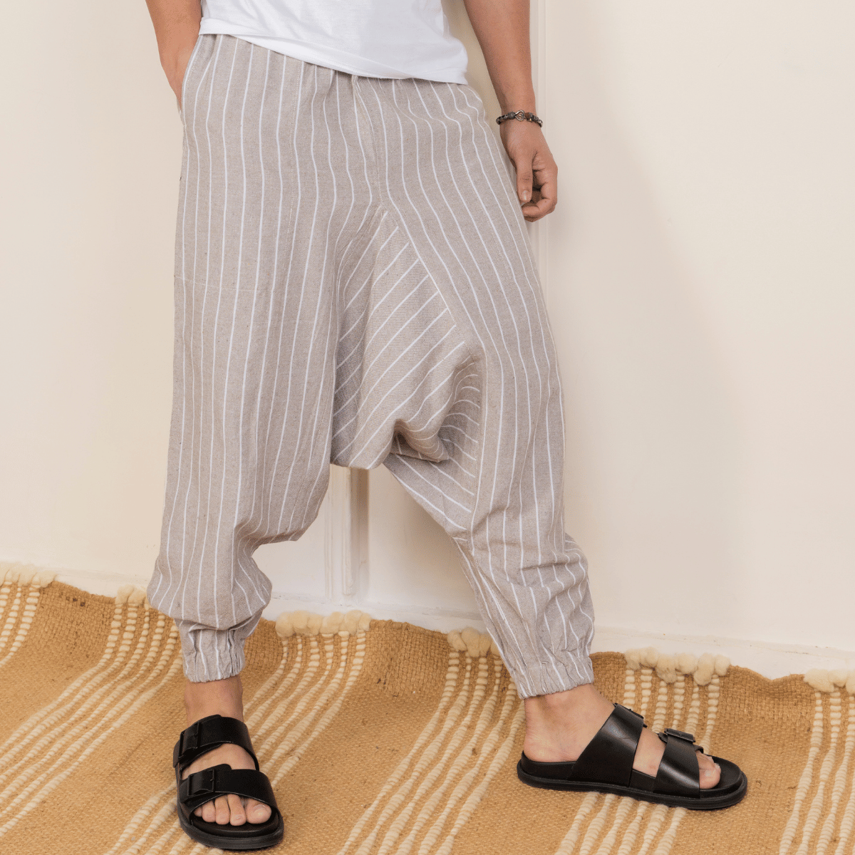Men's Harem Pant | Grey Stripes | Fits Waist Size 28" to 36" – Mens Pyjama on Brown Living™. SKU: AT01030. Img 1.