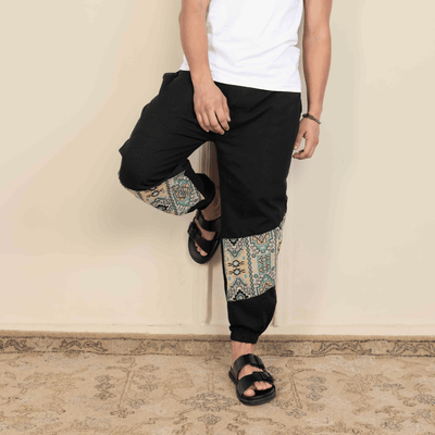 Men's Hopper Joggers | Black with Patterned Patch | Fits Waist Sizes 30 to 38 Inches – Mens Pyjama on Brown Living™. SKU: H - 2_m15. Img 4.