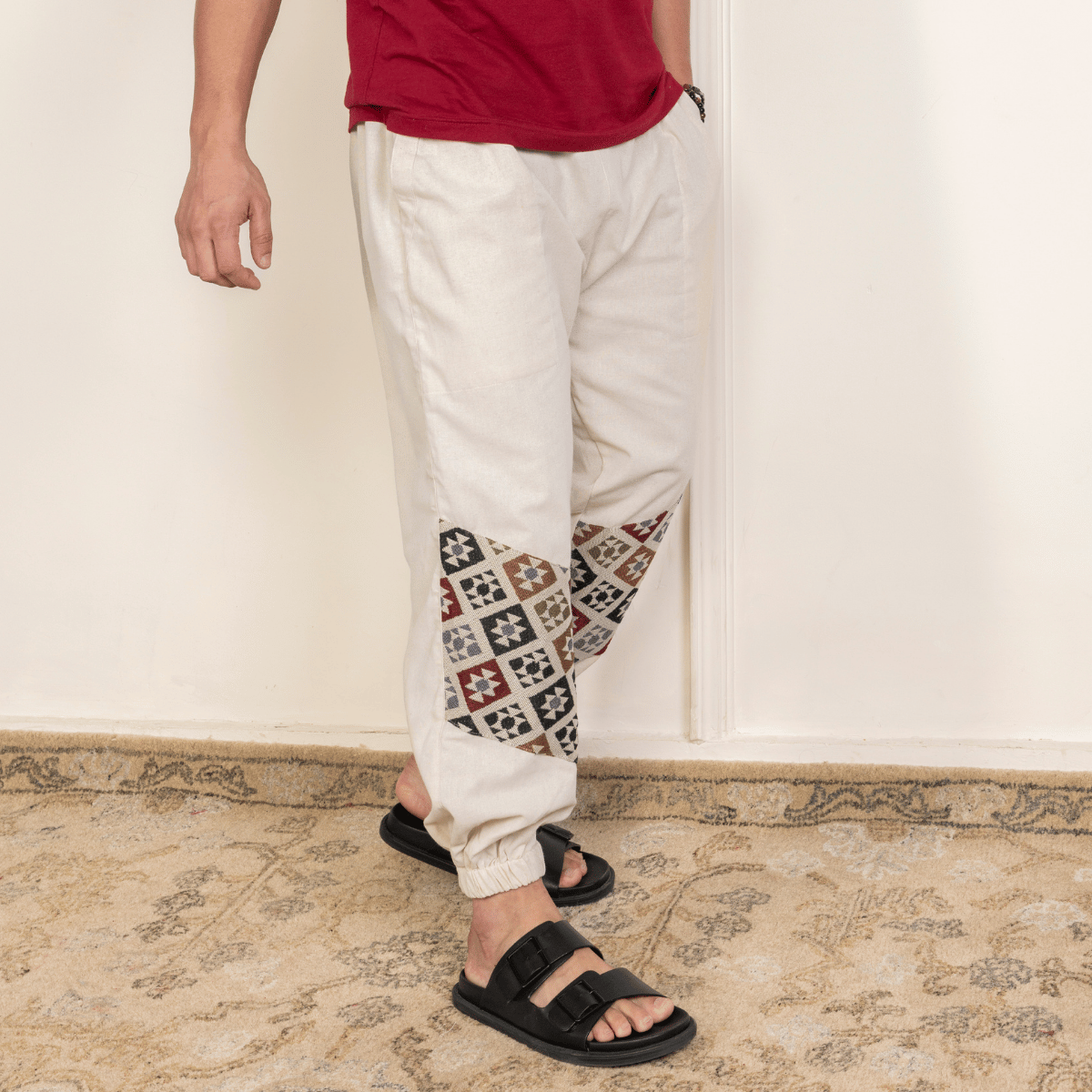 Men's Hopper Joggers | Cream with Patterned Patch | Fits Waist Sizes 30 to 38 Inches – Mens Pyjama by Hope - House of Pure Eco available on Brown Living™. . SKU: H - 2_m12. Img 4.
