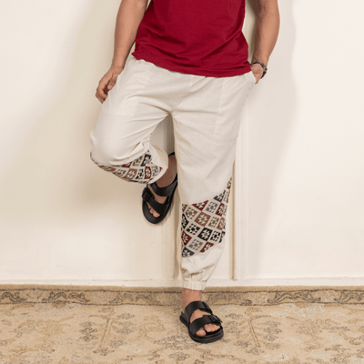 Men's Hopper Joggers | Cream with Patterned Patch | Fits Waist Sizes 30 to 38 Inches – Mens Pyjama on Brown Living™. SKU: H - 2_m12. Img 5.