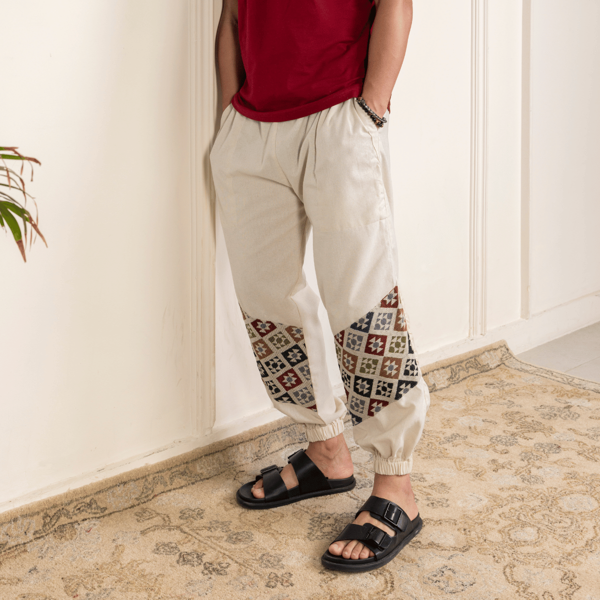 Men's Hopper Joggers | Cream with Patterned Patch | Fits Waist Sizes 30 to 38 Inches – Mens Pyjama by Hope - House of Pure Eco available on Brown Living™. . SKU: H - 2_m12. Img 1.
