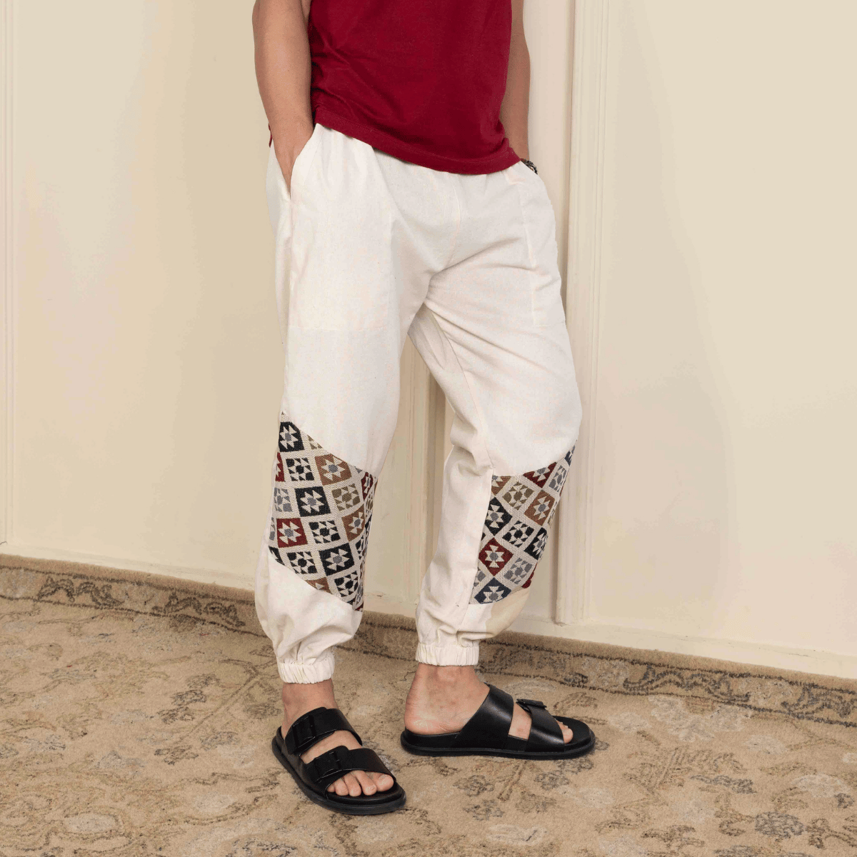 Men's Hopper Joggers | Cream with Patterned Patch | Fits Waist Sizes 30 to 38 Inches – Mens Pyjama by Hope - House of Pure Eco available on Brown Living™. . SKU: H - 2_m12. Img 2.
