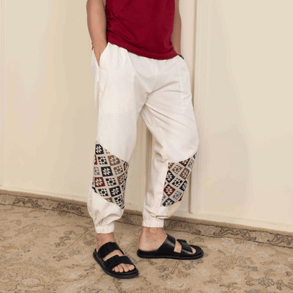 Men's Hopper Joggers | Cream with Patterned Patch | Fits Waist Sizes 30 to 38 Inches – Mens Pyjama by Hope - House of Pure Eco available on Brown Living™. . SKU: H - 2_m12. Img 2.
