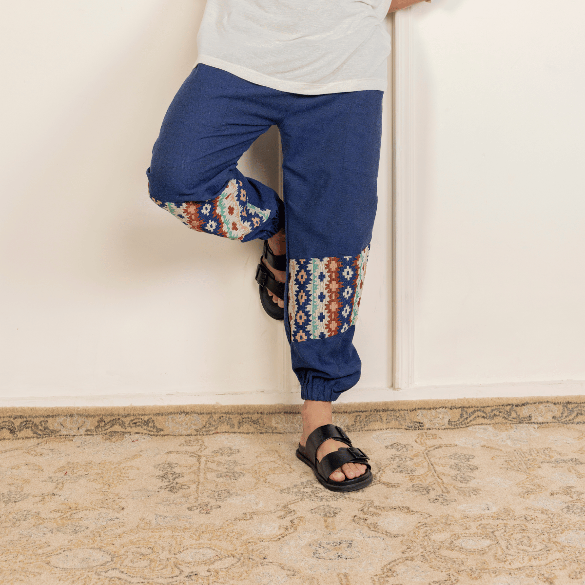 Men's Hopper Joggers | Dark Blue with Patterned Patch | Fits Waist Sizes 30 to 38 Inches – Mens Pyjama by Hope - House of Pure Eco available on Brown Living™. . SKU: H - 2_m11. Img 4.