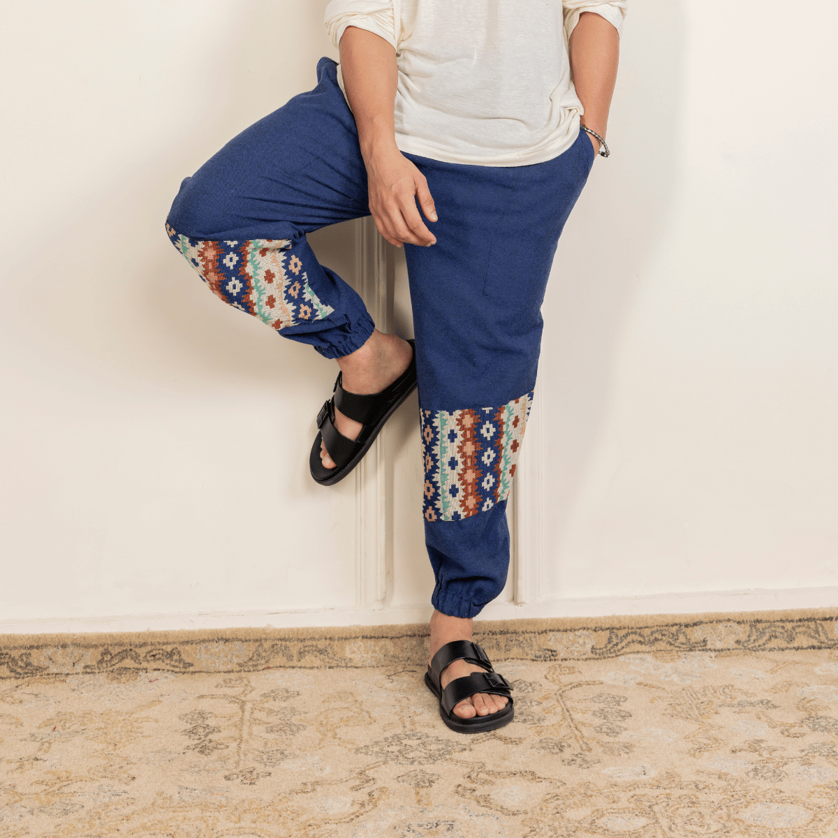 Men's Hopper Joggers | Dark Blue with Patterned Patch | Fits Waist Sizes 30 to 38 Inches – Mens Pyjama by Hope - House of Pure Eco available on Brown Living™. . SKU: H - 2_m11. Img 1.