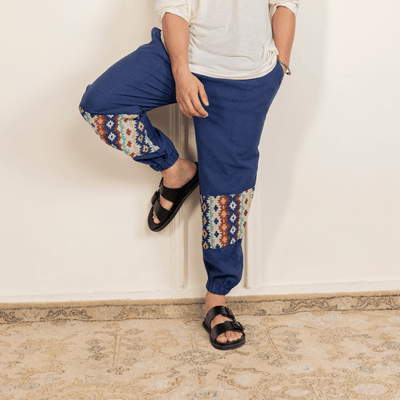 Men's Hopper Joggers | Dark Blue with Patterned Patch | Fits Waist Sizes 30 to 38 Inches – Mens Pyjama on Brown Living™. SKU: H - 2_m11. Img 1.