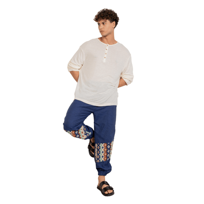 Men's Hopper Joggers | Dark Blue with Patterned Patch | Fits Waist Sizes 30 to 38 Inches – Mens Pyjama on Brown Living™. SKU: H - 2_m11. Img 6.