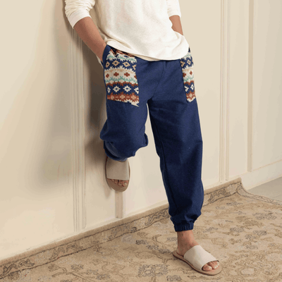 Men's Hopper Joggers | Dark Blue with Pocket Patch | Fits Waist Sizes 30 to 38 Inches – Mens Pyjama on Brown Living™. SKU: H - 1_m11. Img 2.