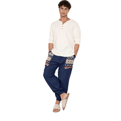 Men's Hopper Joggers | Dark Blue with Pocket Patch | Fits Waist Sizes 30 to 38 Inches – Mens Pyjama on Brown Living™. SKU: H - 1_m11. Img 7.
