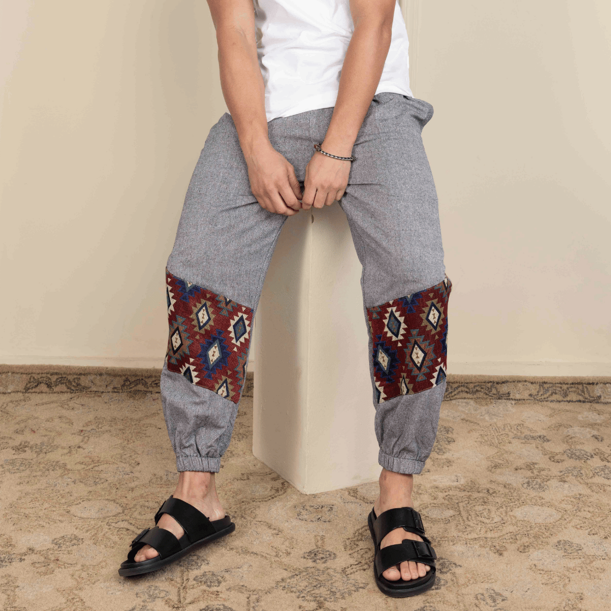 Men's Hopper Joggers | Grey with Patterned Patch| Fits Waist Sizes 30 to 38 Inches – Mens Pyjama by Hope - House of Pure Eco available on Brown Living™. . SKU: H - 2_m13. Img 2.