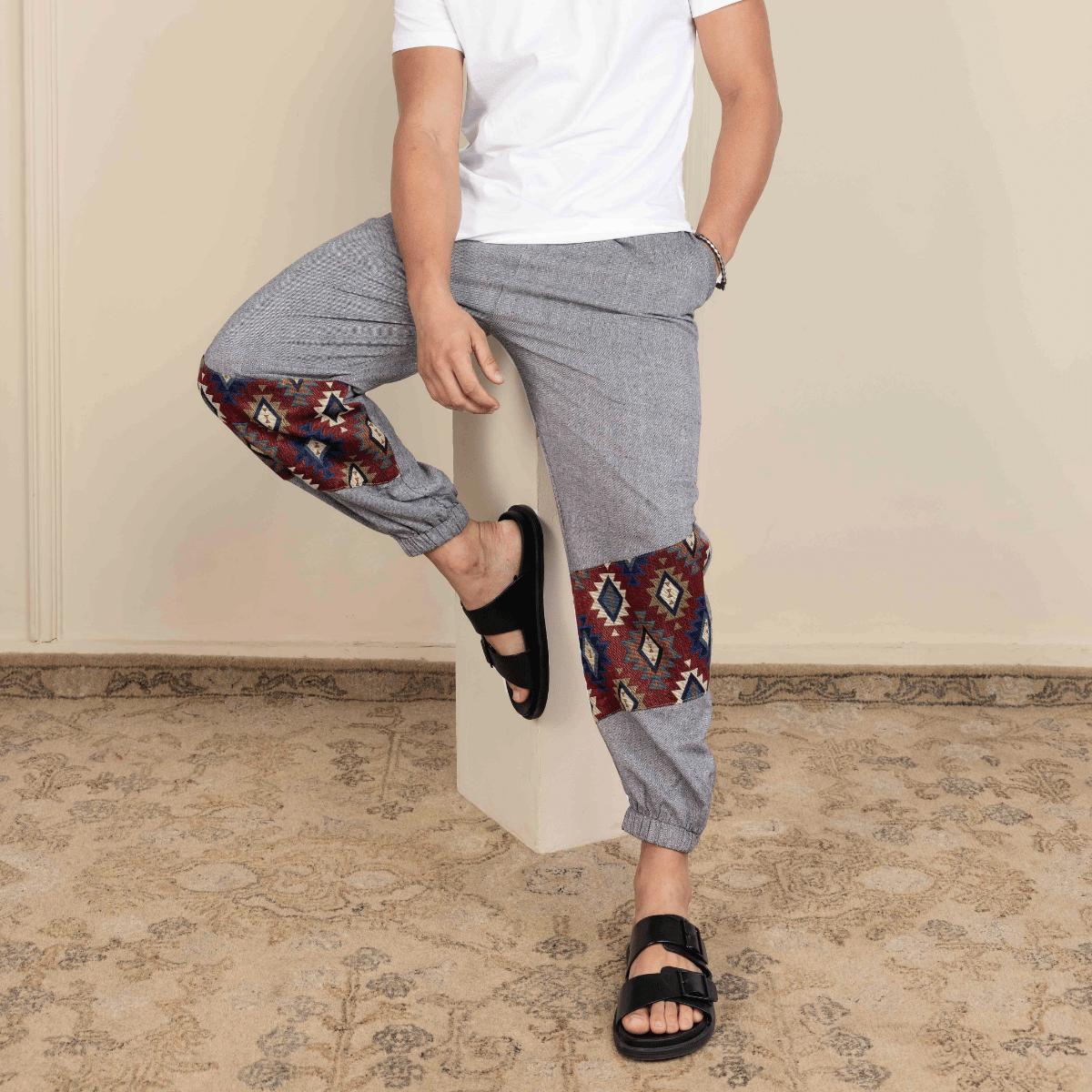 Men's Hopper Joggers | Grey with Patterned Patch| Fits Waist Sizes 30 to 38 Inches – Mens Pyjama by Hope - House of Pure Eco available on Brown Living™. . SKU: H - 2_m13. Img 4.