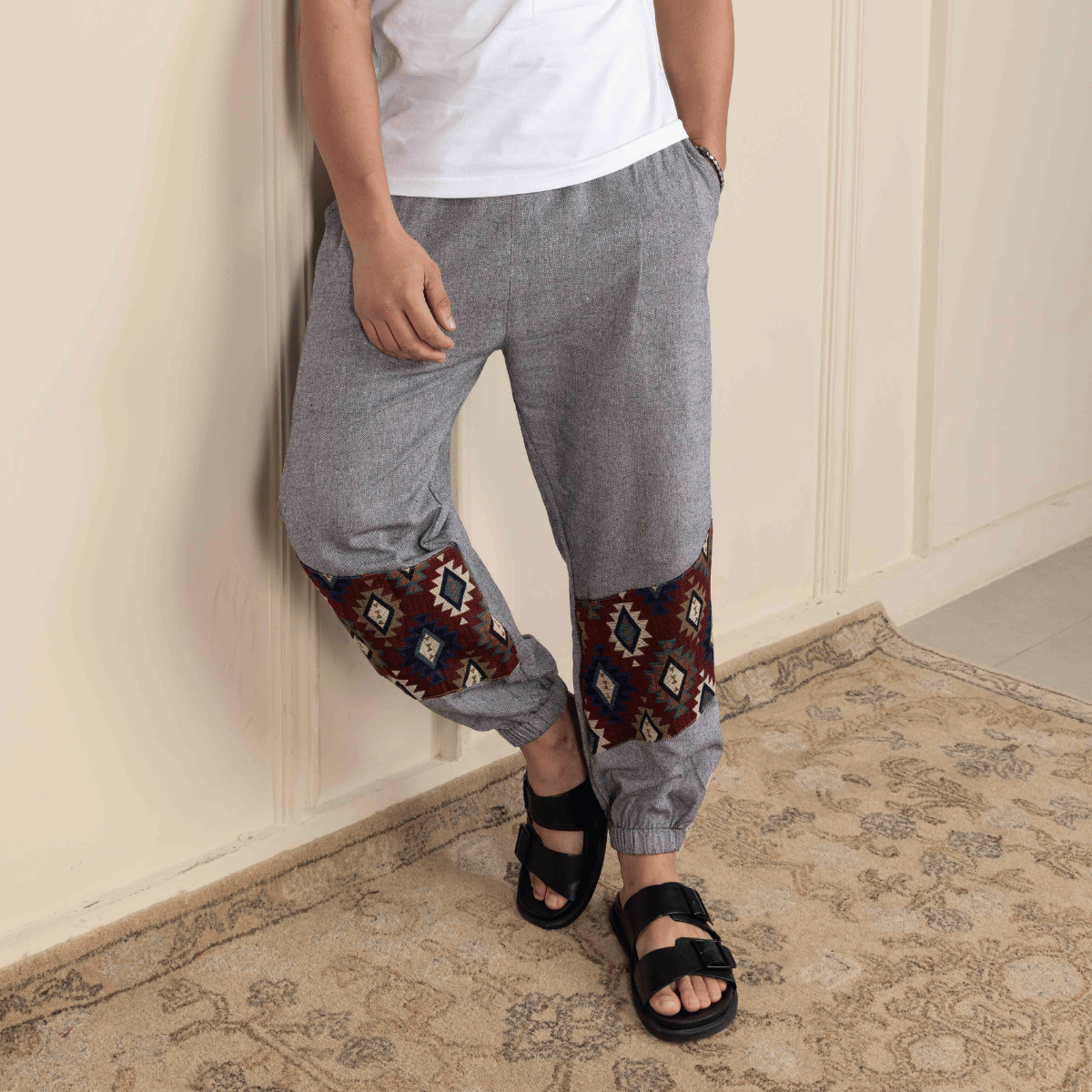 Men's Hopper Joggers | Grey with Patterned Patch| Fits Waist Sizes 30 to 38 Inches – Mens Pyjama by Hope - House of Pure Eco available on Brown Living™. . SKU: H - 2_m13. Img 1.