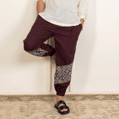 Men's Hopper Joggers | Maroon With Patterned Patchwork | Fits Waist Sizes 30 to 38 Inches – Mens Pyjama by Hope - House of Pure Eco available on Brown Living™. . SKU: H - 2_m14. Img 6.