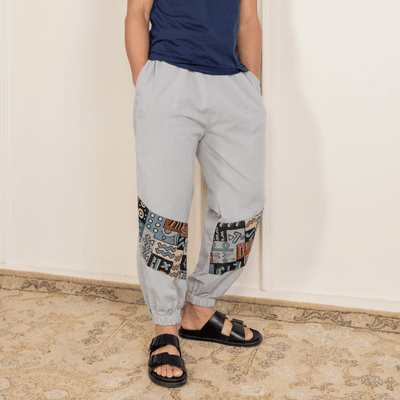 Men's Hopper Joggers | Melange Grey With Patterned Patchwork | Fits Waist Sizes 30 to 38 Inches – Mens Pyjama on Brown Living™. SKU: H - 2_m17. Img 2.