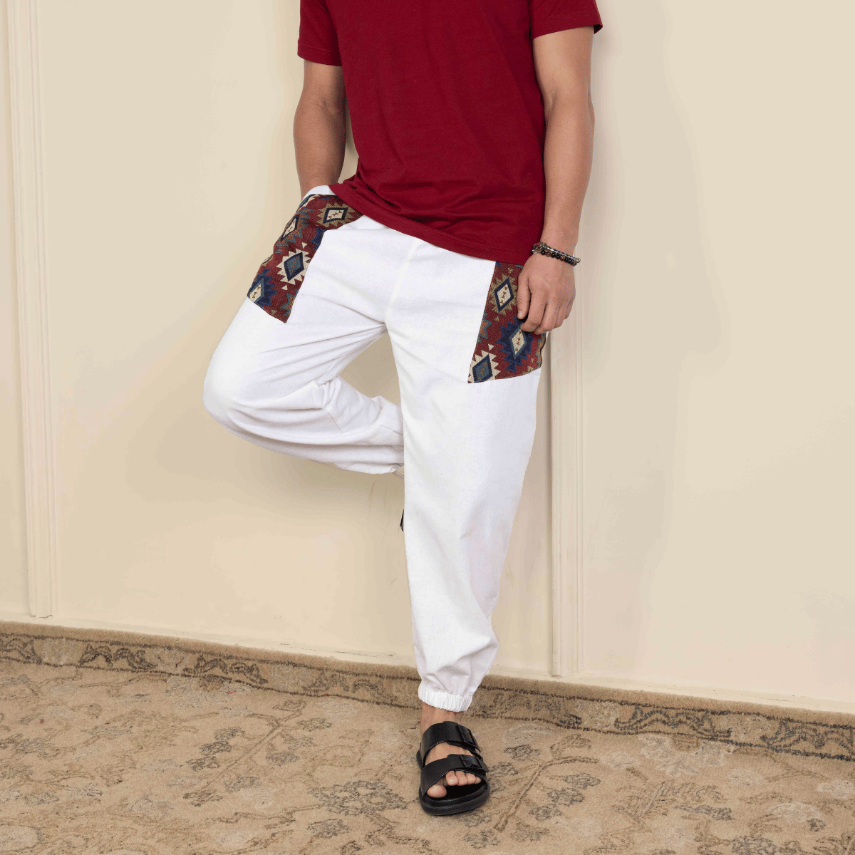 Men's Hopper Joggers | White With Patterned Patchwork | Fits Waist Sizes 30 to 38 Inches – Mens Pyjama by Hope - House of Pure Eco available on Brown Living™. . SKU: H - 2_mWhite. Img 2.