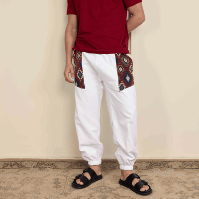 Men's Hopper Joggers | White With Patterned Patchwork | Fits Waist Sizes 30 to 38 Inches – Mens Pyjama on Brown Living™. SKU: H - 2_mWhite. Img 5.