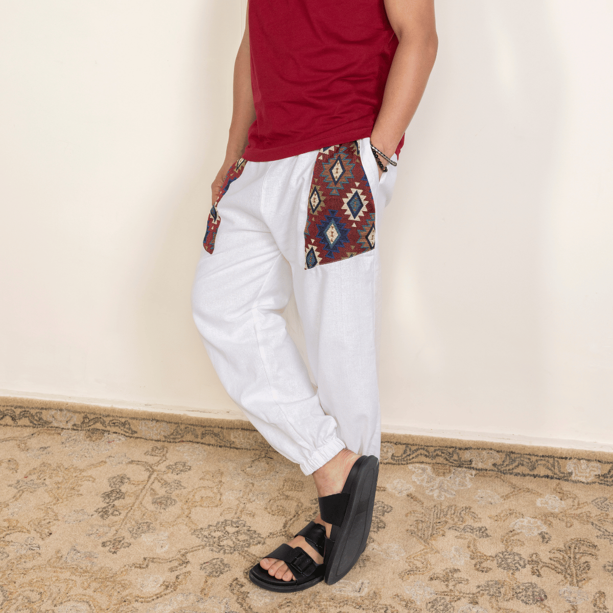 Men's Hopper Joggers | White With Patterned Patchwork | Fits Waist Sizes 30 to 38 Inches – Mens Pyjama by Hope - House of Pure Eco available on Brown Living™. . SKU: H - 2_mWhite. Img 4.