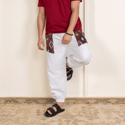 Men's Hopper Joggers | White With Pocket Patch | Fits Waist Sizes 30 to 38 Inches – Mens Pyjama on Brown Living™. SKU: H - 1_mWhite. Img 6.