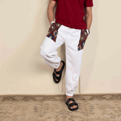 Men's Hopper Joggers | White With Pocket Patch | Fits Waist Sizes 30 to 38 Inches – Mens Pyjama on Brown Living™. SKU: H - 1_mWhite. Img 1.