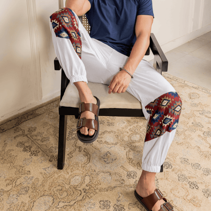 Men's Joggers | White Patterned Patch | Fits Waist Sizes 30" to 38" – Mens Pyjama on Brown Living™. SKU: H - 2_mWhite. Img 12.