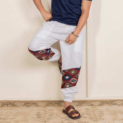 Men's Joggers | White Patterned Patch | Fits Waist Sizes 30" to 38" – Mens Pyjama on Brown Living™. SKU: H - 2_mWhite. Img 11.