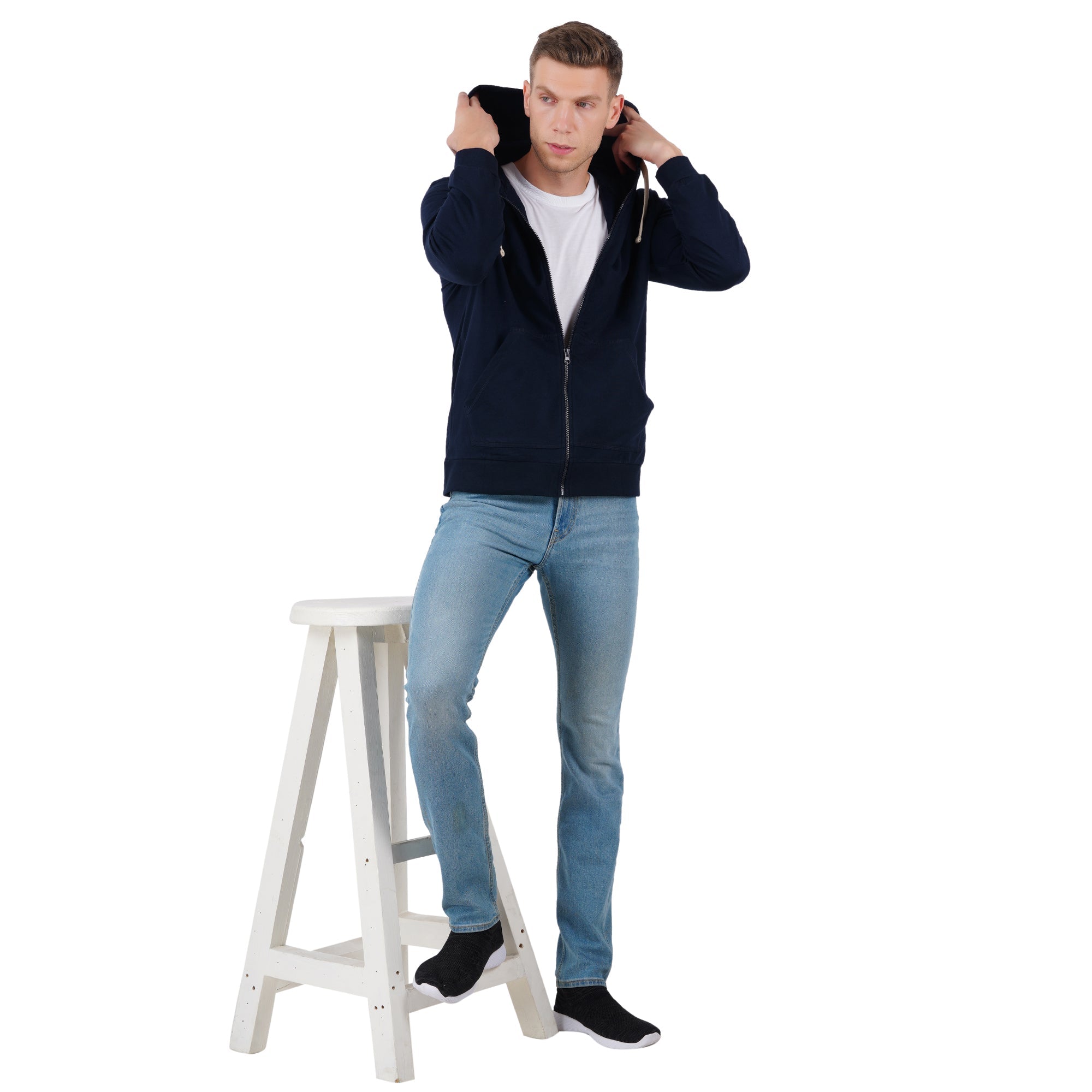 Men’s Navy Zipper Hoodie | Comfortable Everyday Layer – Mens Trousers on Brown Living™. SKU: ARZIKI59-NAVY-M. Img 5.