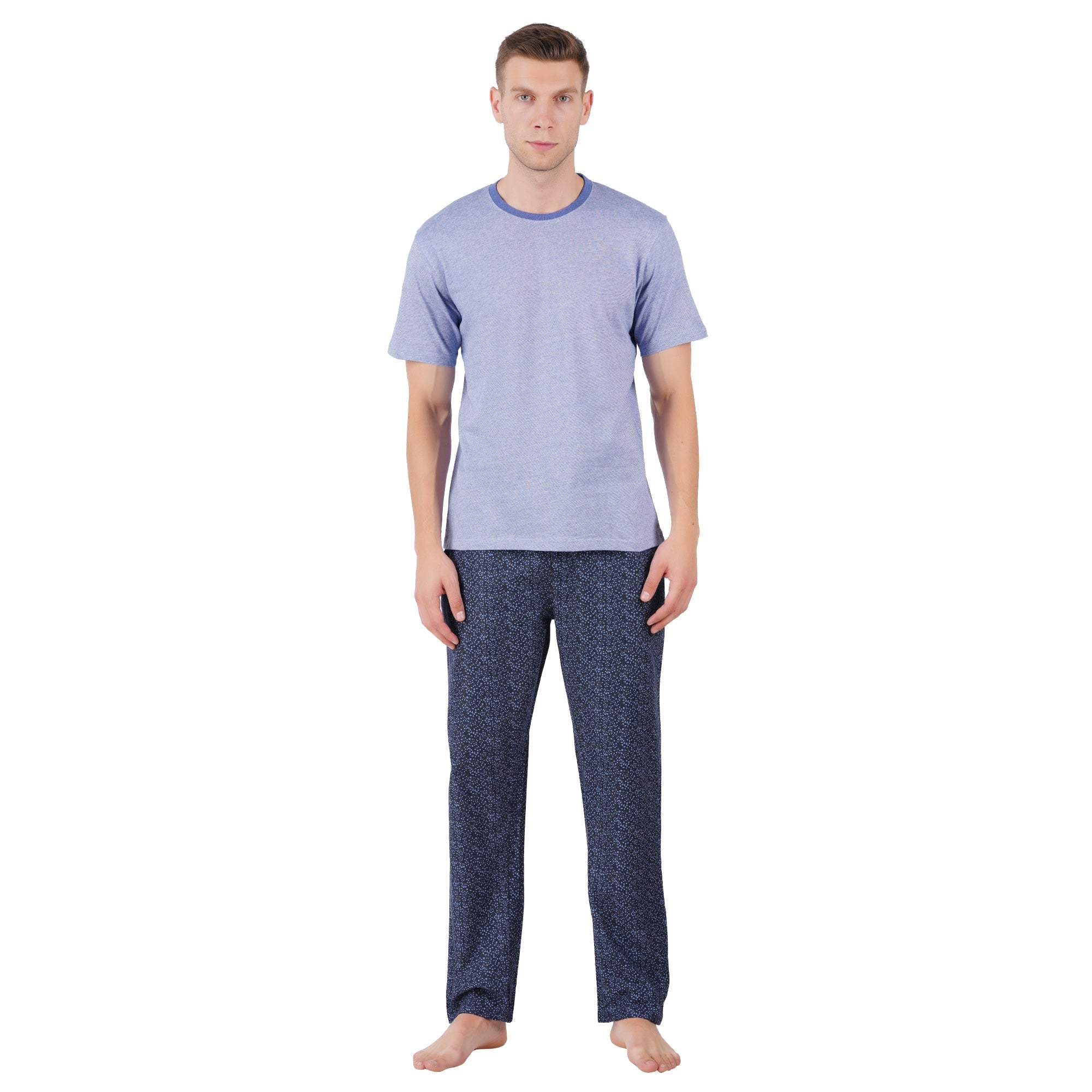 Men’s Organic Cotton Navy Nightwear Set | T-Shirt & Printed Pants – Mens Pyjama on Brown Living™. SKU: ARZIKI091-NAVY-M. Img 1.