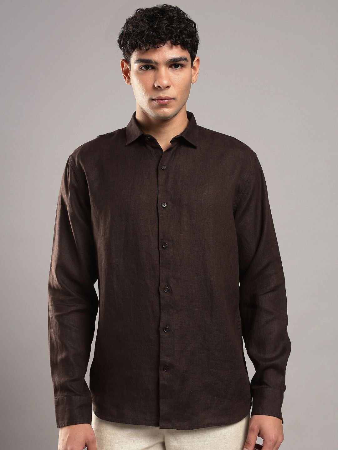 Men’s White Linen Full Sleeve Shirt | Pure Linen Casual Shirt – Men Shirt on Brown Living™. SKU: LN-BR-F-S. Img 2.