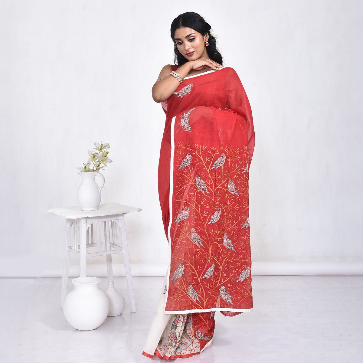 Mercerised Cotton Hand Embroidered Saree – Womens Saree by Stotra available on Brown Living™. Red . SKU: ST - COT - SAR - RED - 02. Img 5.