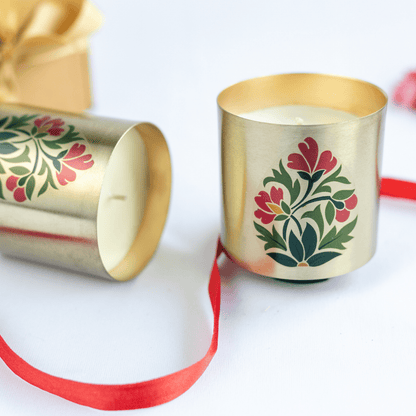 Metallic Jar Candles in Bakul & Parijat Indian Scents - Set of 2 – Candles & Fragrances on Brown Living™. SKU: SN2532. Img 1.