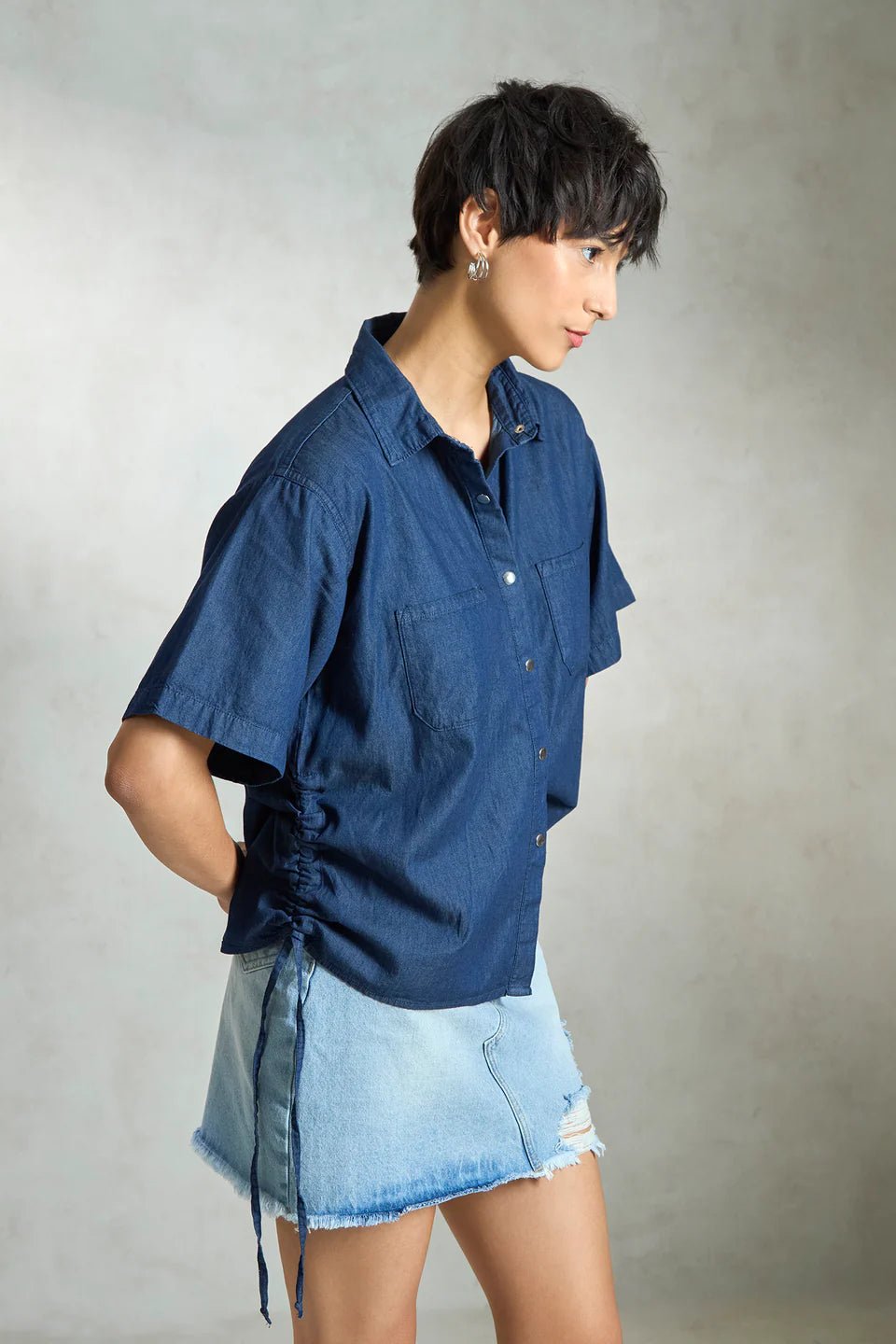 Mid Indigo Cotton Half Sleeve Shirt for Women – Womens Shirt on Brown Living™. SKU: UNBHUSH1001002XL-987. Img 3.