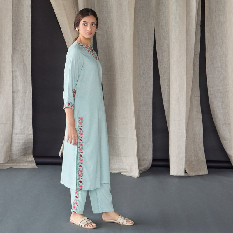 Mineral Blue Floral Embroidered Linen Kurta Set | Verified Sustainable Womens Kurta on Brown Living™