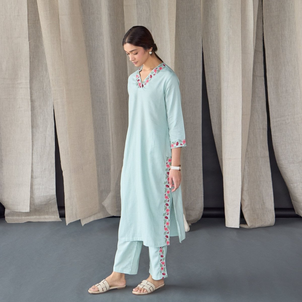 Mineral Blue Floral Embroidered Linen Kurta Set | Verified Sustainable by Brown Living™