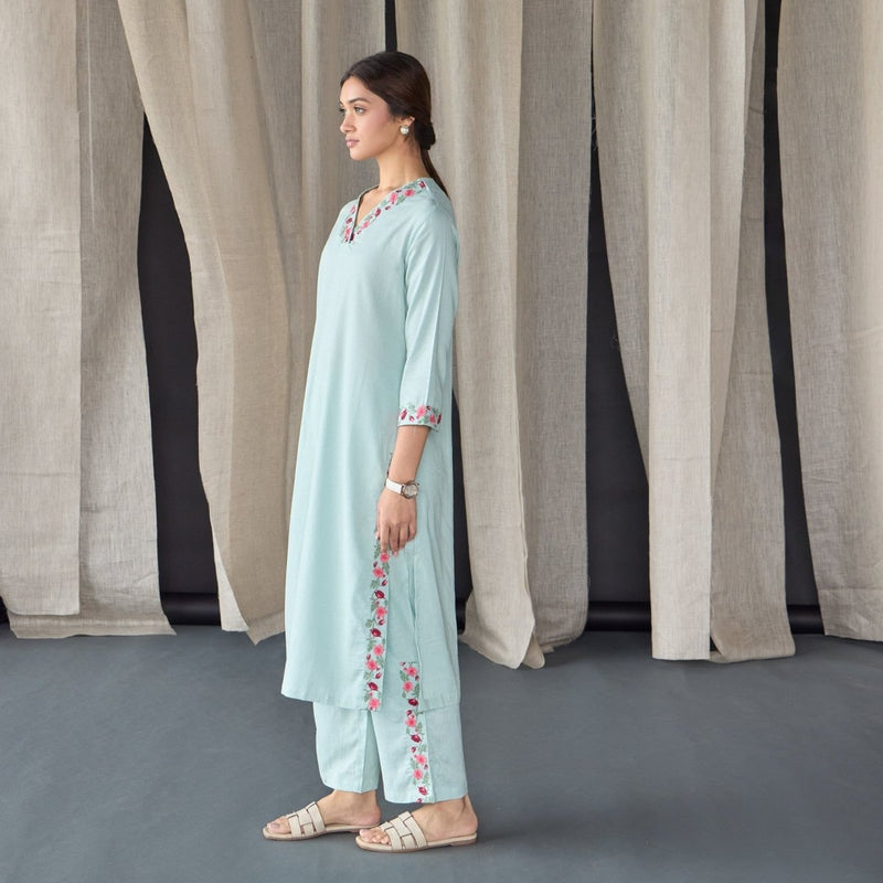 Mineral Blue Floral Embroidered Linen Kurta Set | Verified Sustainable Womens Kurta on Brown Living™