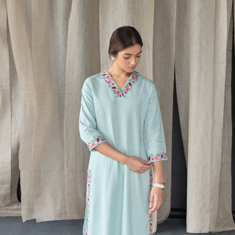 Mineral Blue Floral Embroidered Linen Kurta Set | Verified Sustainable Womens Kurta on Brown Living™