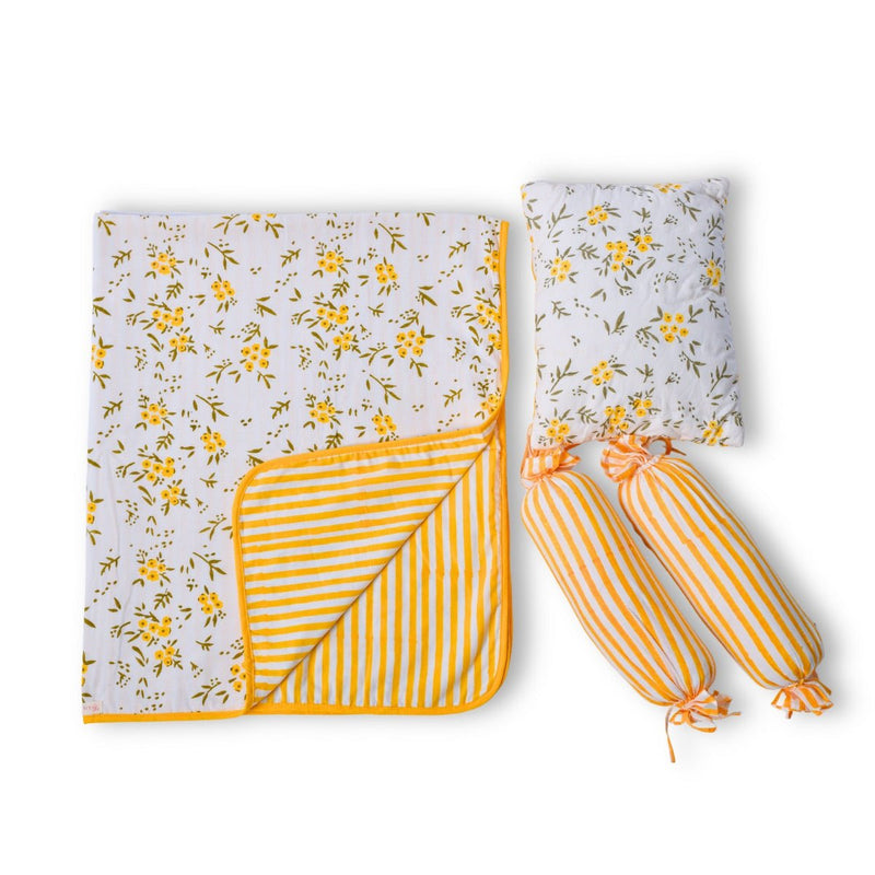 Mini Cot Set with Dohar- Wildflowers Yellow | Verified Sustainable Bedding on Brown Living™