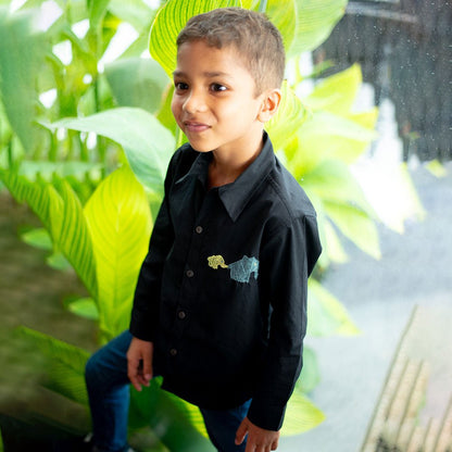 Mini Elephants Embroidered Organic Cotton Shirt - Black – Kids Shirts on Brown Living™. SKU: NANFS005EMB052 - 18M. Img 3.