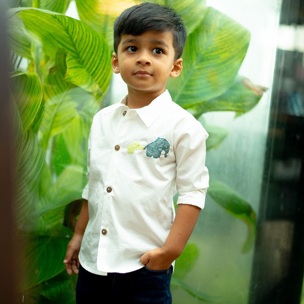 Mini Elephants Embroidered Organic Cotton Shirt - White – Kids Shirts on Brown Living™. SKU: NANFS001EMB052 - 18M. Img 1.