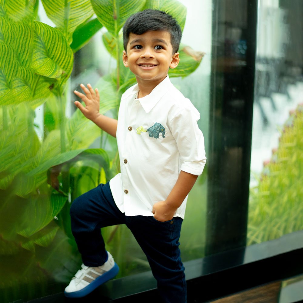 Mini Elephants Embroidered Organic Cotton Shirt - White – Kids Shirts on Brown Living™. SKU: NANFS001EMB052 - 24M. Img 4.
